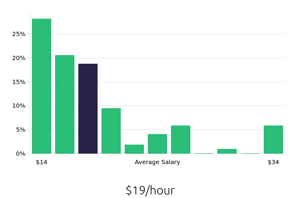 Graph depicting the hourly salary distribution for Server jobs in West Hartford, CT, showing an average salary of $19 with varying distribution percentages across salary ranges.
