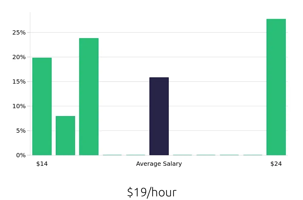Graph depicting the hourly salary distribution for Server jobs in West Seneca, NY, showing an average salary of $19 with varying distribution percentages across salary ranges.