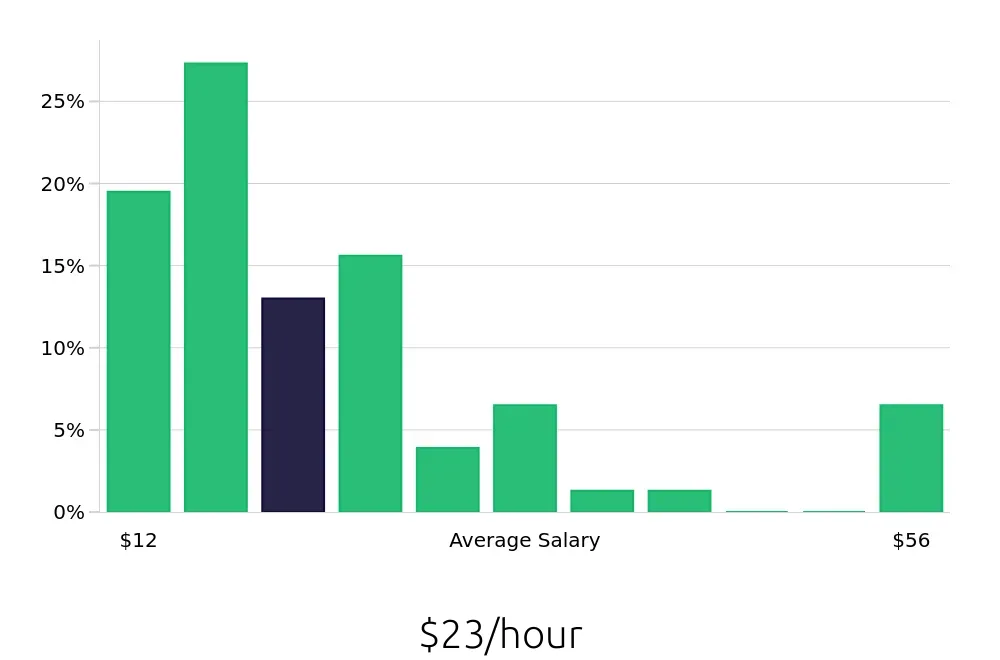 Graph depicting the hourly salary distribution for Service Advisor jobs in New Braunfels, TX, showing an average salary of $23 with varying distribution percentages across salary ranges.
