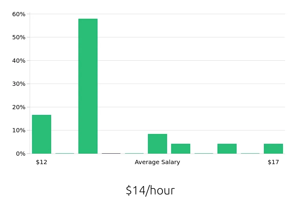Graph depicting the hourly salary distribution for Service Team Member jobs in Boone, NC, showing an average salary of $14 with varying distribution percentages across salary ranges.