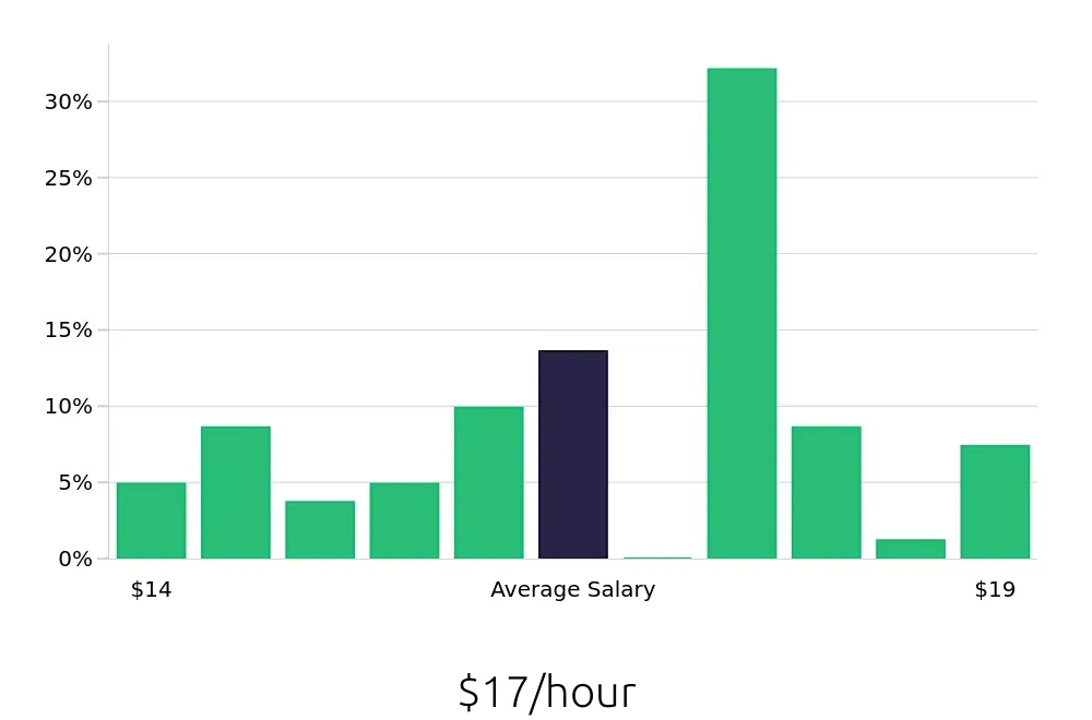 Graph depicting the hourly salary distribution for Service Team Member jobs in Rochester, MN, showing an average salary of $17 with varying distribution percentages across salary ranges.