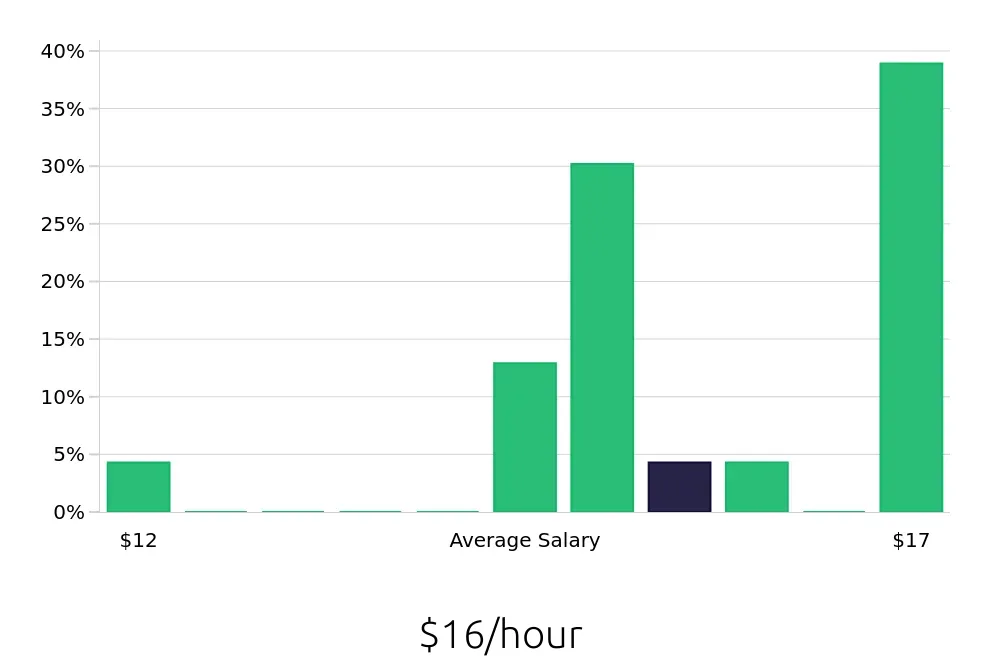 Graph depicting the hourly salary distribution for Shift Leader jobs in Elmira, NY, showing an average salary of $16 with varying distribution percentages across salary ranges.
