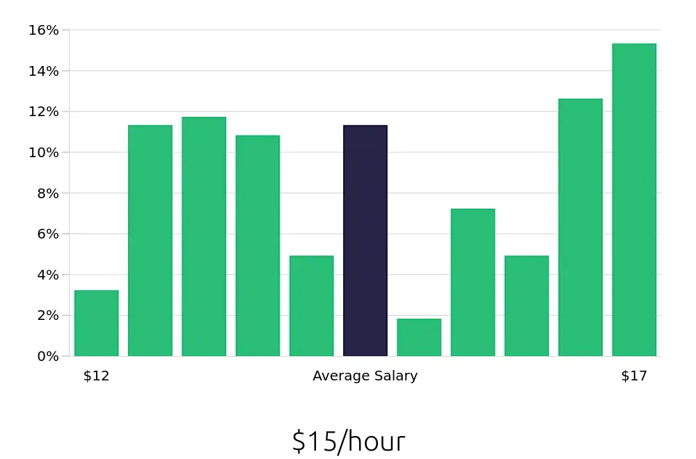 Graph depicting the hourly salary distribution for Shift Leader jobs in New Braunfels, TX, showing an average salary of $15 with varying distribution percentages across salary ranges.