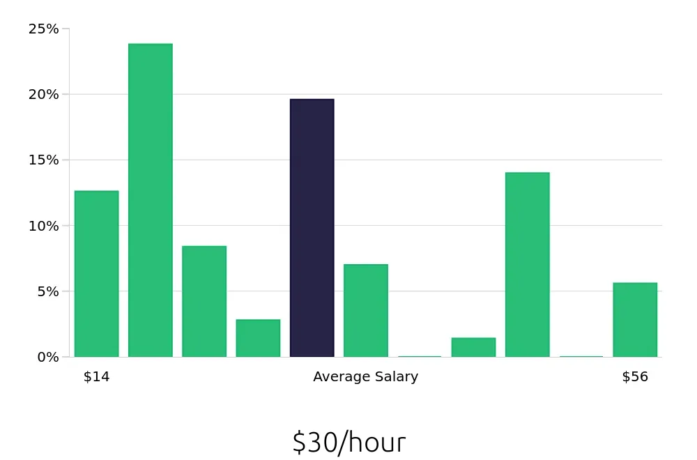 Graph depicting the hourly salary distribution for Social Worker jobs in Cadillac, MI, showing an average salary of $30 with varying distribution percentages across salary ranges.