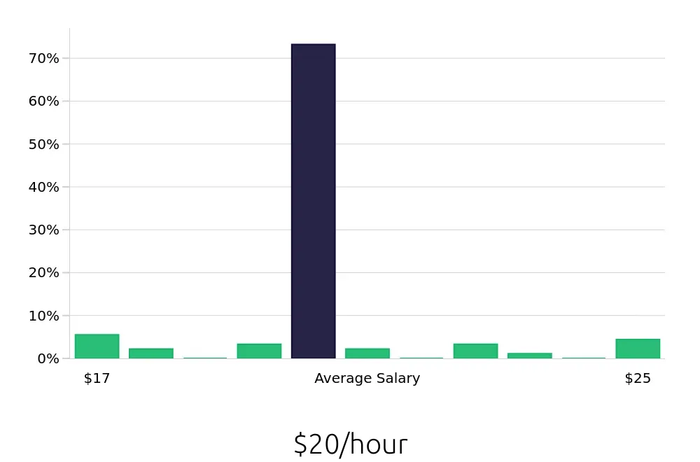 Graph depicting the hourly salary distribution for Social Worker jobs in Hastings, NE, showing an average salary of $20 with varying distribution percentages across salary ranges.