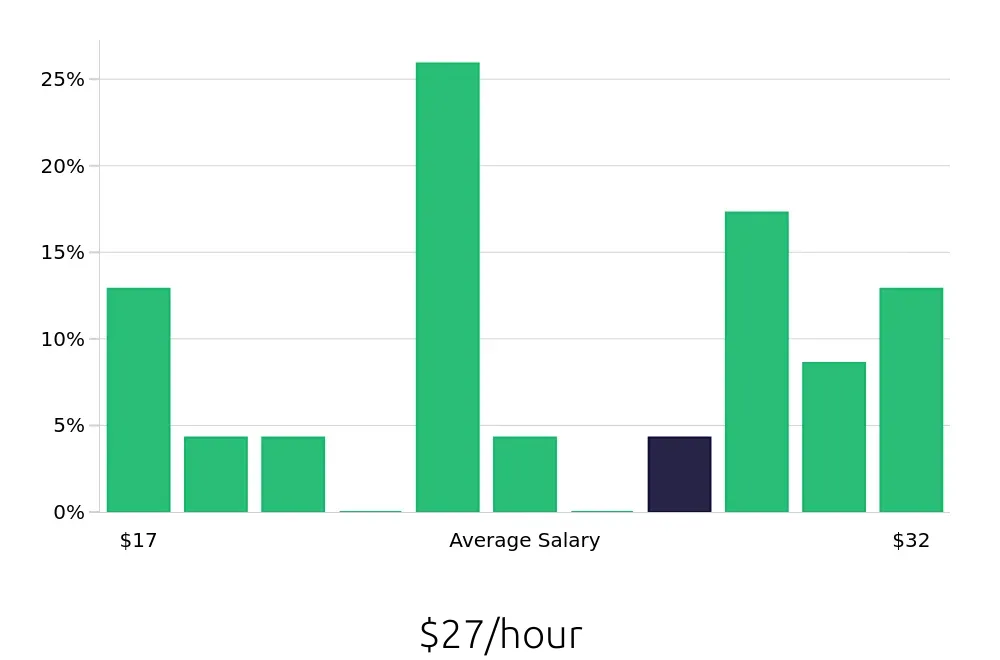 Graph depicting the hourly salary distribution for Social Worker jobs in New Port Richey, FL, showing an average salary of $27 with varying distribution percentages across salary ranges.