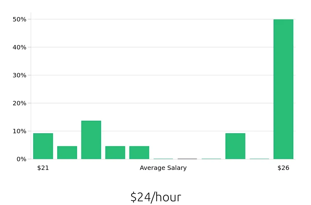 Graph depicting the hourly salary distribution for Social Worker jobs in Texas City, TX, showing an average salary of $24 with varying distribution percentages across salary ranges.