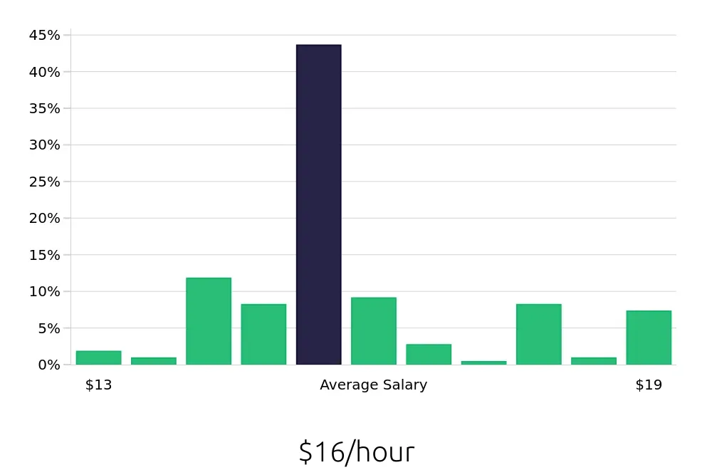 Graph depicting the hourly salary distribution for Stocker jobs in Brooklyn, NY, showing an average salary of $16 with varying distribution percentages across salary ranges.