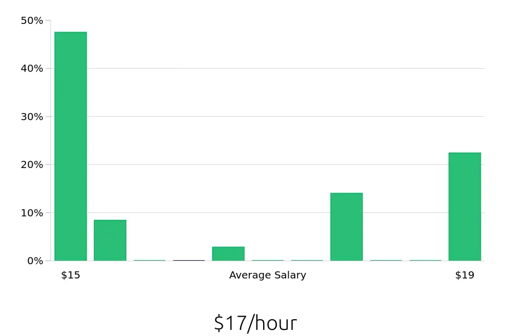 Graph depicting the hourly salary distribution for Stocker jobs in Downey, CA, showing an average salary of $17 with varying distribution percentages across salary ranges.