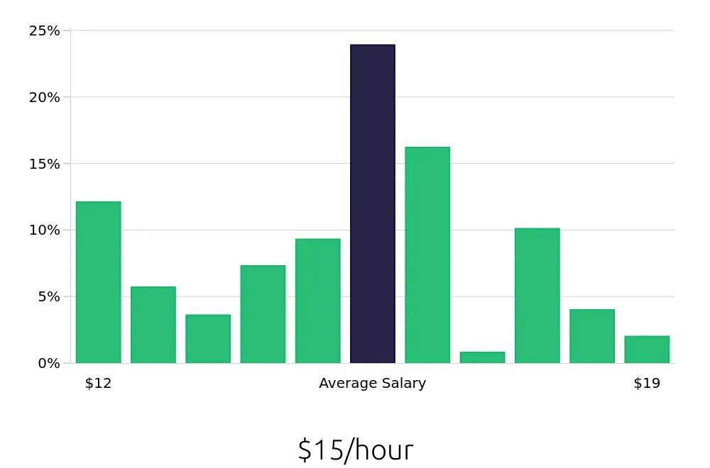 Graph depicting the hourly salary distribution for Store Associate jobs in Asheville, NC, showing an average salary of $15 with varying distribution percentages across salary ranges.