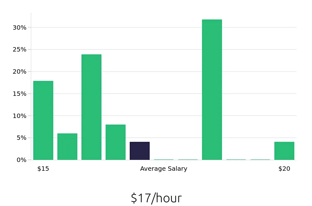 Graph depicting the hourly salary distribution for Store Associate jobs in Astoria, NY, showing an average salary of $17 with varying distribution percentages across salary ranges.