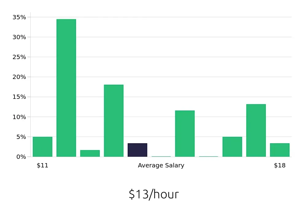 Graph depicting the hourly salary distribution for Store Associate jobs in Centerville, OH, showing an average salary of $13 with varying distribution percentages across salary ranges.