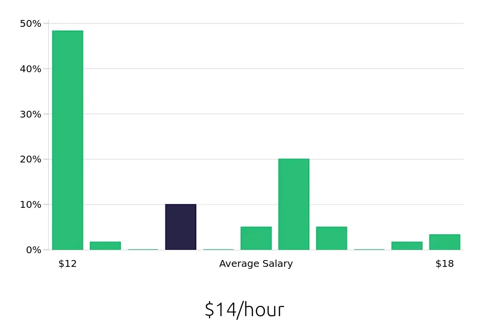 Graph depicting the hourly salary distribution for Store Associate jobs in DuBois, PA, showing an average salary of $14 with varying distribution percentages across salary ranges.