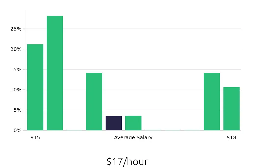 Graph depicting the hourly salary distribution for Store Associate jobs in Flushing, NY, showing an average salary of $17 with varying distribution percentages across salary ranges.