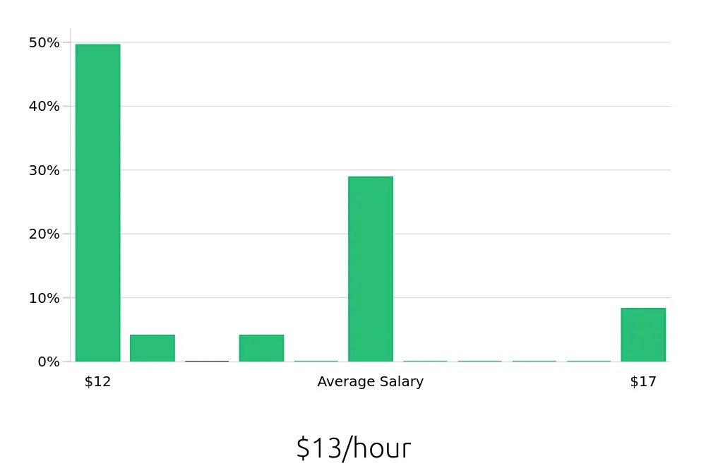 Graph depicting the hourly salary distribution for Store Associate jobs in Marquette, MI, showing an average salary of $13 with varying distribution percentages across salary ranges.