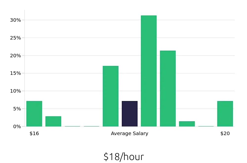 Graph depicting the hourly salary distribution for Store Associate jobs in Queens, NY, showing an average salary of $18 with varying distribution percentages across salary ranges.