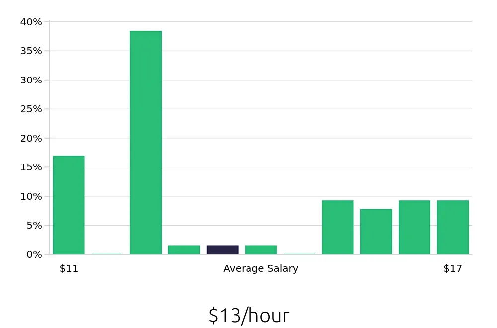Graph depicting the hourly salary distribution for Store Associate jobs in Rogers, AR, showing an average salary of $13 with varying distribution percentages across salary ranges.