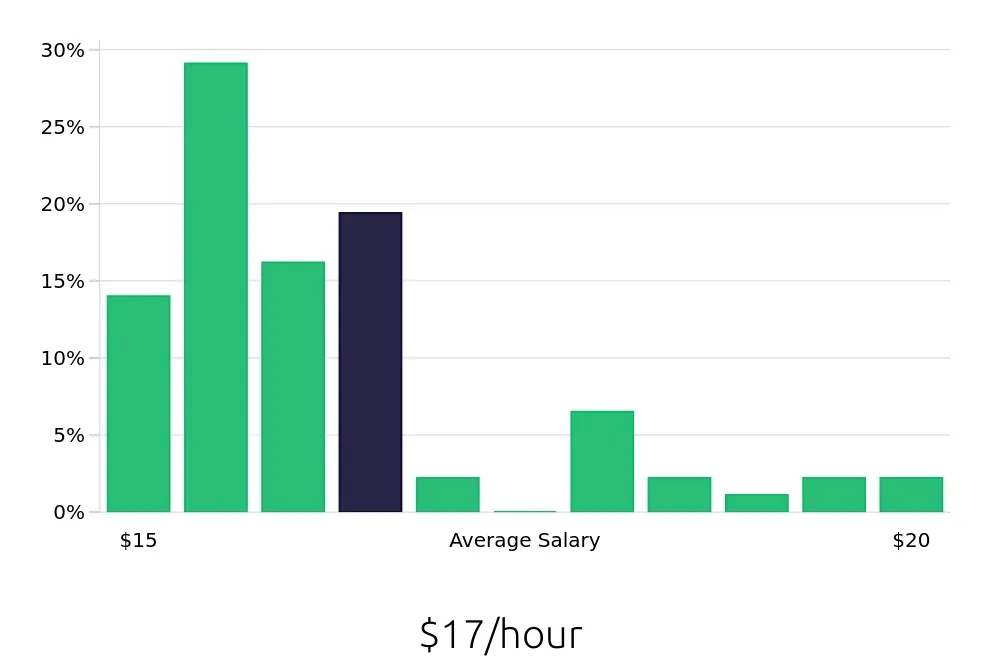 Graph depicting the hourly salary distribution for Store Associate jobs in Temecula, CA, showing an average salary of $17 with varying distribution percentages across salary ranges.