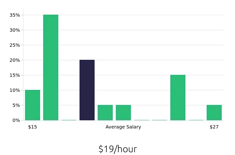 Graph depicting the hourly salary distribution for Store Manager jobs in Apple Valley, MN, showing an average salary of $19 with varying distribution percentages across salary ranges.