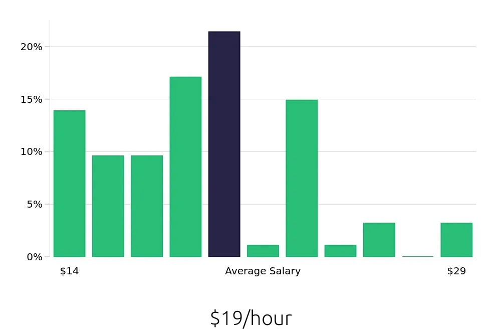 Graph depicting the hourly salary distribution for Store Manager jobs in Branson, MO, showing an average salary of $19 with varying distribution percentages across salary ranges.