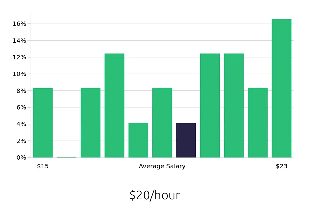 Graph depicting the hourly salary distribution for Store Manager jobs in East Orange, NJ, showing an average salary of $20 with varying distribution percentages across salary ranges.