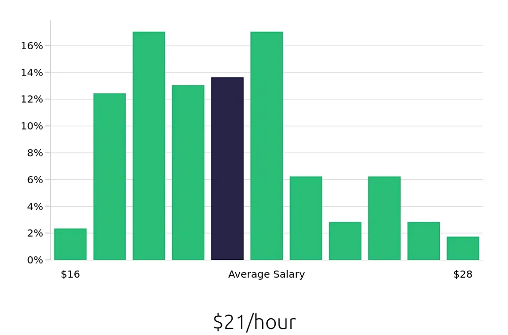 Graph depicting the hourly salary distribution for Store Manager jobs in Elizabeth, NJ, showing an average salary of $21 with varying distribution percentages across salary ranges.