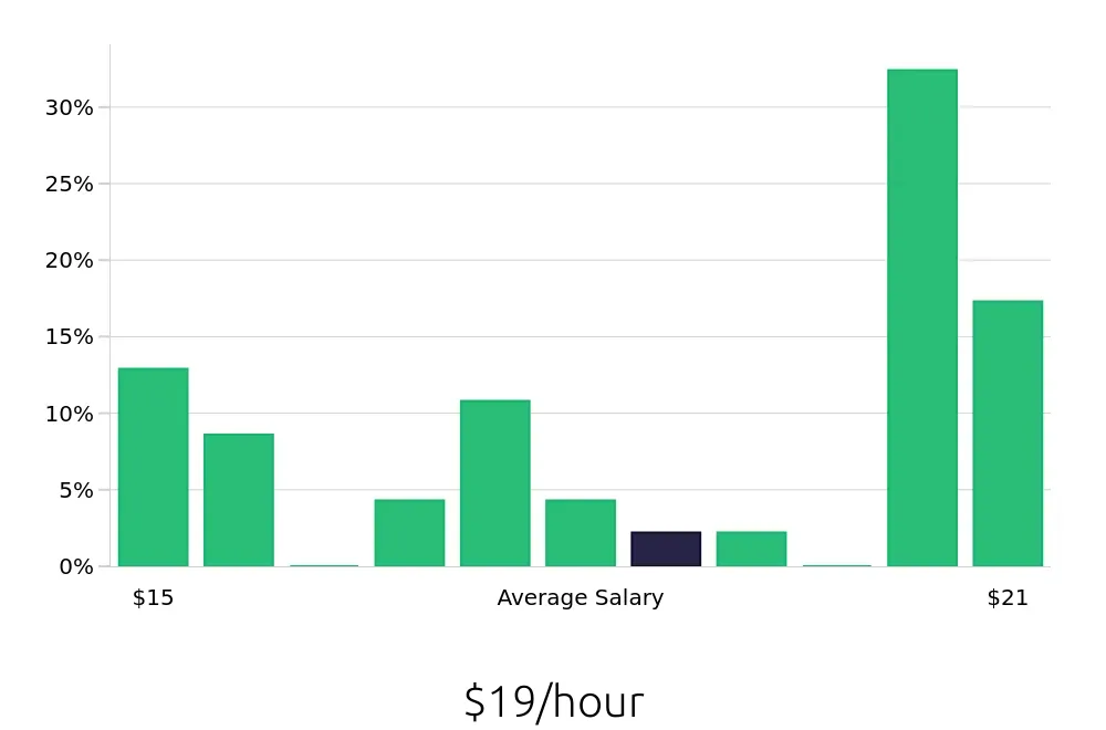 Graph depicting the hourly salary distribution for Store Manager jobs in Geneva, NY, showing an average salary of $19 with varying distribution percentages across salary ranges.