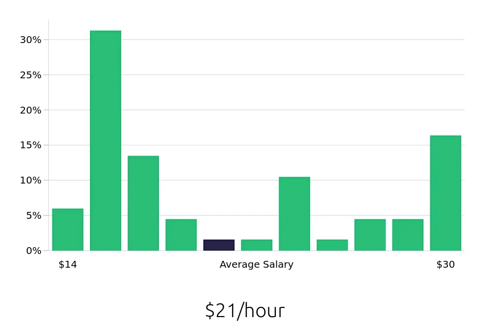 Graph depicting the hourly salary distribution for Store Manager jobs in Hilliard, OH, showing an average salary of $21 with varying distribution percentages across salary ranges.