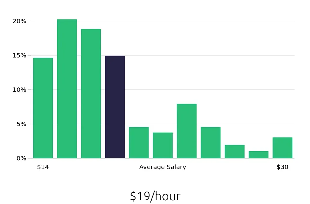 Graph depicting the hourly salary distribution for Store Manager jobs in Indianapolis, IN, showing an average salary of $19 with varying distribution percentages across salary ranges.