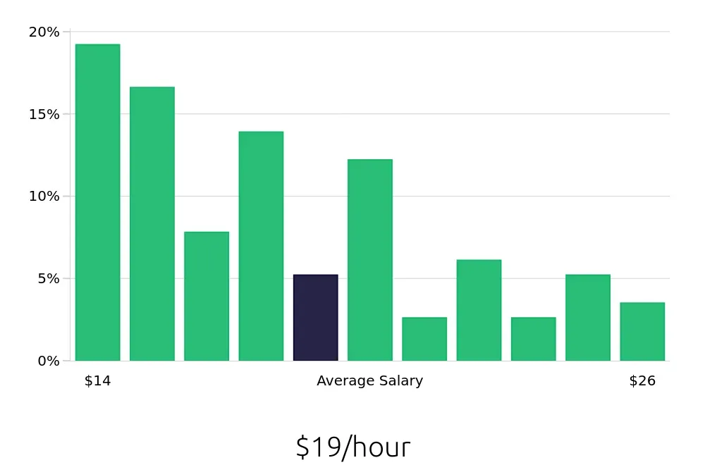 Graph depicting the hourly salary distribution for Store Manager jobs in Lynchburg, VA, showing an average salary of $19 with varying distribution percentages across salary ranges.