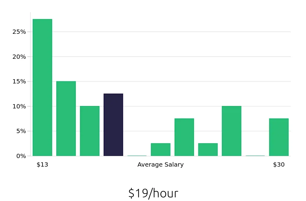 Graph depicting the hourly salary distribution for Store Manager jobs in Marion, OH, showing an average salary of $19 with varying distribution percentages across salary ranges.