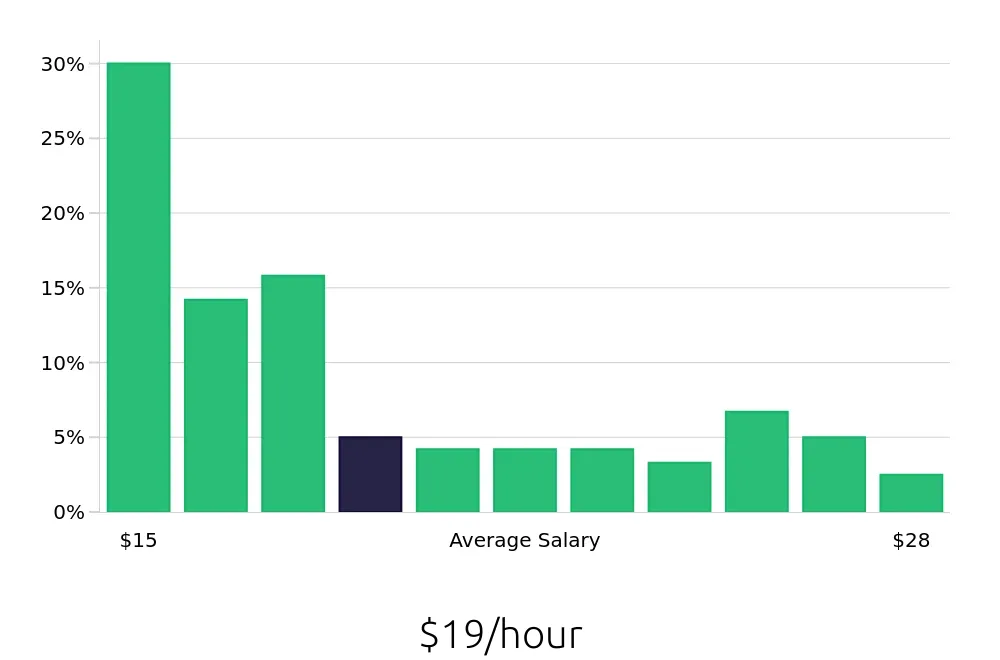 Graph depicting the hourly salary distribution for Store Manager jobs in Mount Pleasant, SC, showing an average salary of $19 with varying distribution percentages across salary ranges.