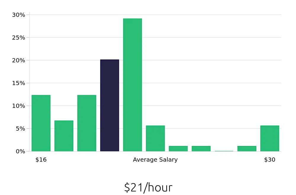 Graph depicting the hourly salary distribution for Store Manager jobs in National City, CA, showing an average salary of $21 with varying distribution percentages across salary ranges.