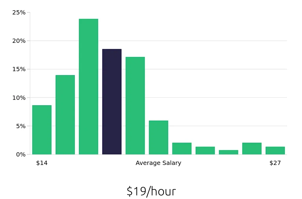 Graph depicting the hourly salary distribution for Store Manager jobs in Newark, DE, showing an average salary of $19 with varying distribution percentages across salary ranges.