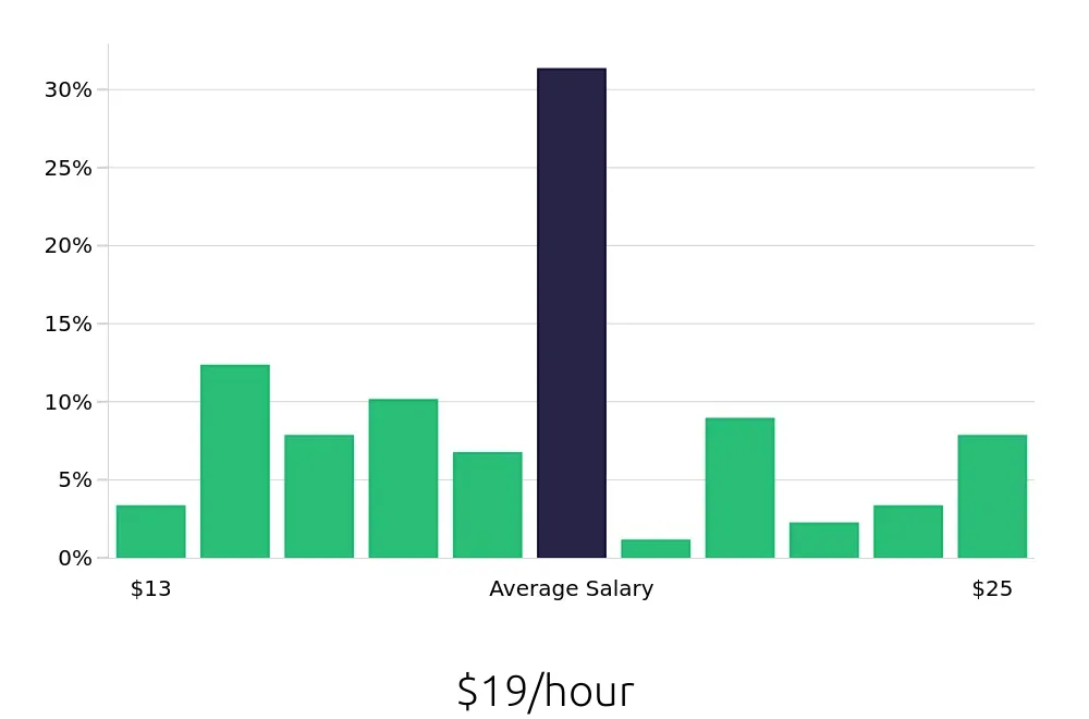 Graph depicting the hourly salary distribution for Store Manager jobs in North Olmsted, OH, showing an average salary of $19 with varying distribution percentages across salary ranges.