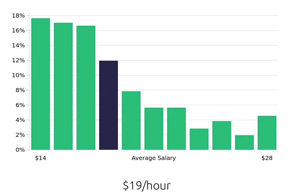 Graph depicting the hourly salary distribution for Store Manager jobs in Orlando, FL, showing an average salary of $19 with varying distribution percentages across salary ranges.