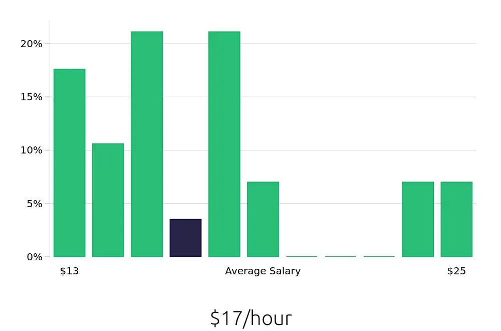 Graph depicting the hourly salary distribution for Store Manager jobs in Salisbury, NC, showing an average salary of $17 with varying distribution percentages across salary ranges.