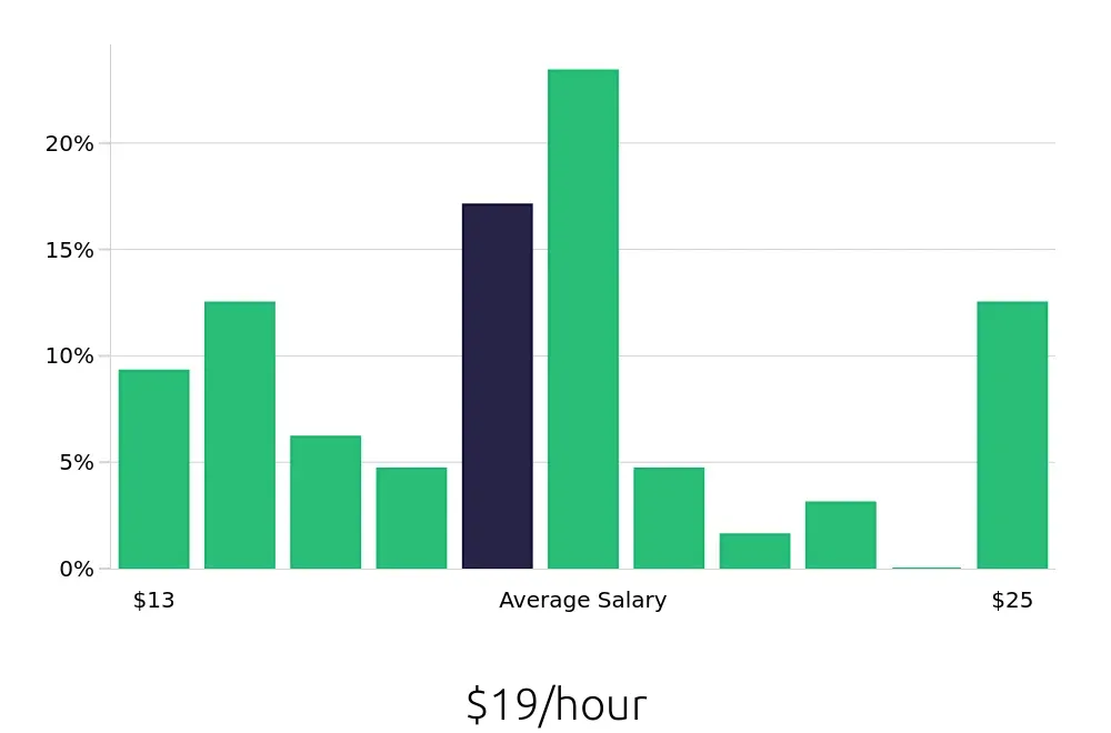 Graph depicting the hourly salary distribution for Store Manager jobs in Twin Falls, ID, showing an average salary of $19 with varying distribution percentages across salary ranges.