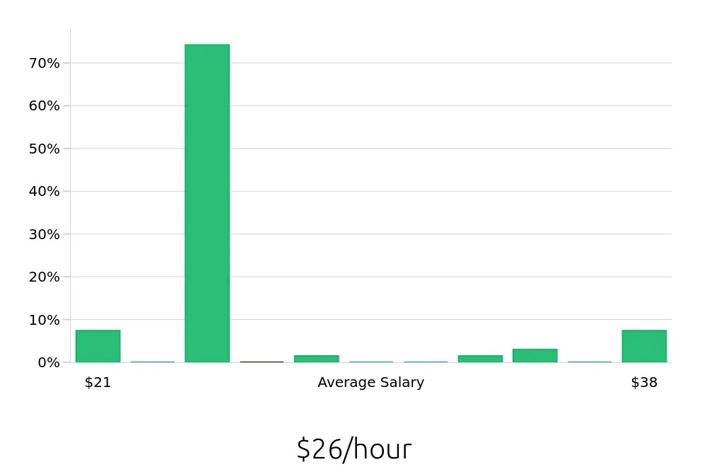 Graph depicting the hourly salary distribution for Store Manager jobs in Vail, CO, showing an average salary of $26 with varying distribution percentages across salary ranges.