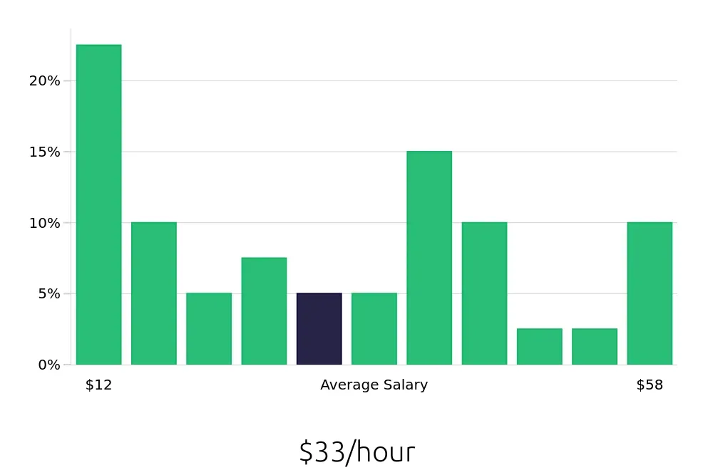 Graph depicting the hourly salary distribution for Tax Preparer jobs in Detroit, MI, showing an average salary of $33 with varying distribution percentages across salary ranges.