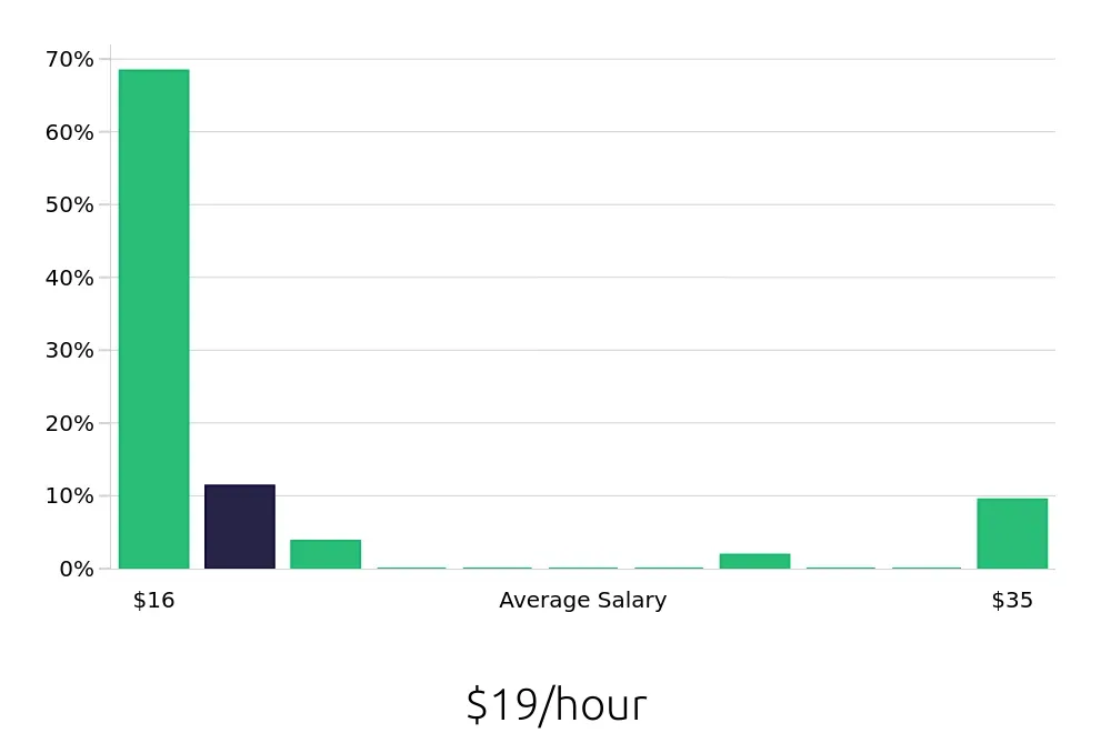 Graph depicting the hourly salary distribution for Team Member jobs in Auburn, CA, showing an average salary of $19 with varying distribution percentages across salary ranges.