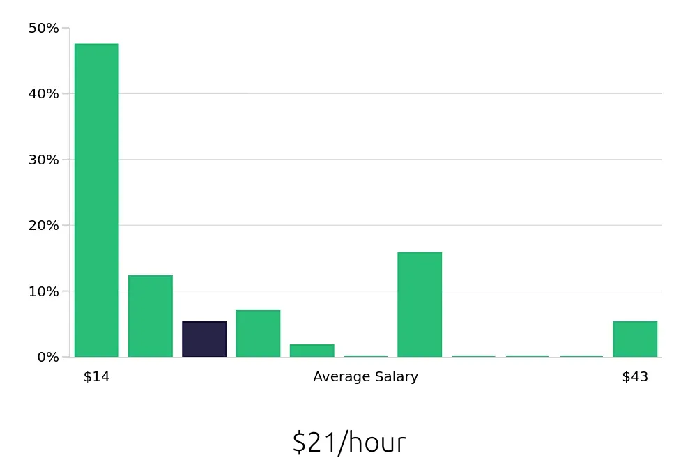 Graph depicting the hourly salary distribution for Team Member jobs in Braintree, MA, showing an average salary of $21 with varying distribution percentages across salary ranges.