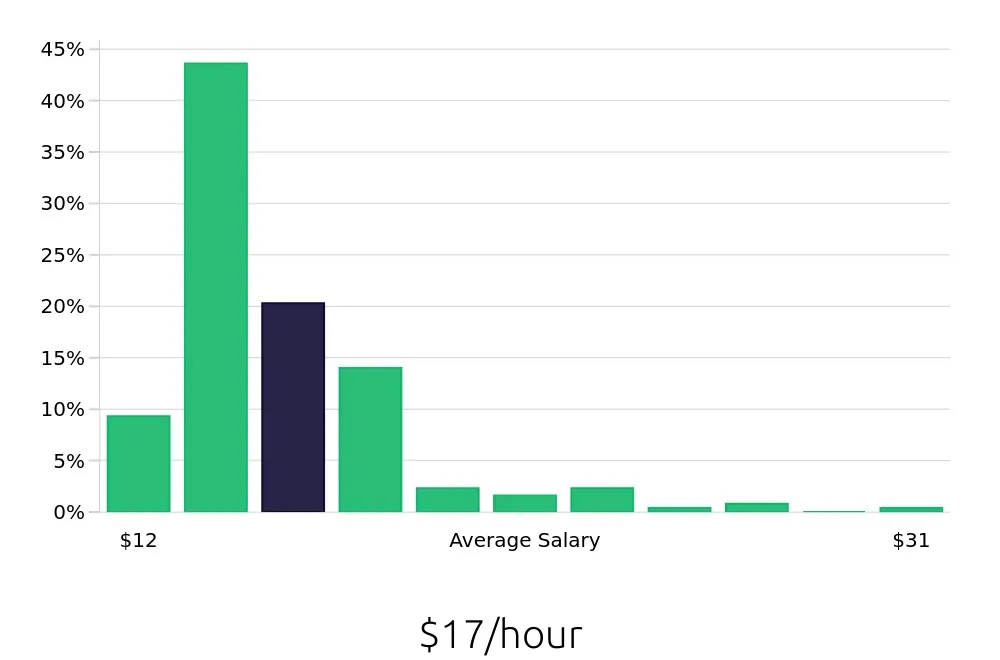 Graph depicting the hourly salary distribution for Team Member jobs in Buffalo, NY, showing an average salary of $17 with varying distribution percentages across salary ranges.