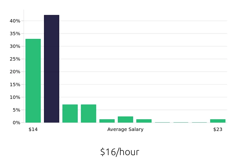 Graph depicting the hourly salary distribution for Team Member jobs in Chicopee, MA, showing an average salary of $16 with varying distribution percentages across salary ranges.
