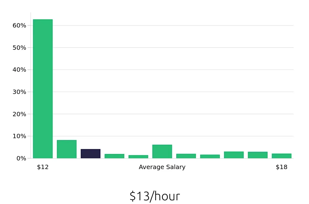 Graph depicting the hourly salary distribution for Team Member jobs in Detroit, MI, showing an average salary of $13 with varying distribution percentages across salary ranges.