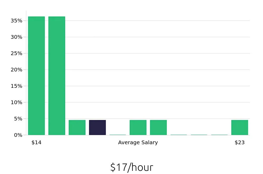 Graph depicting the hourly salary distribution for Team Member jobs in Dorchester, MA, showing an average salary of $17 with varying distribution percentages across salary ranges.
