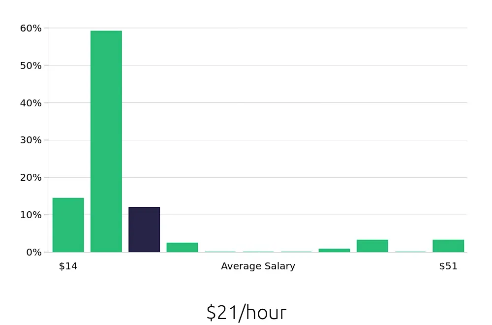 Graph depicting the hourly salary distribution for Team Member jobs in Dublin, CA, showing an average salary of $21 with varying distribution percentages across salary ranges.