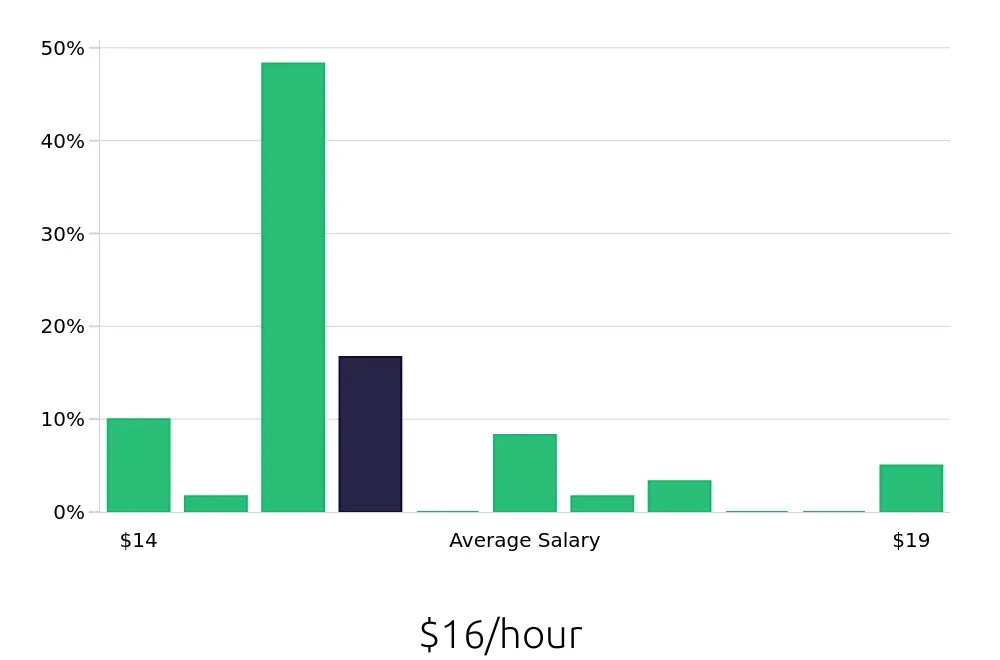 Graph depicting the hourly salary distribution for Team Member jobs in Huntington, NY, showing an average salary of $16 with varying distribution percentages across salary ranges.