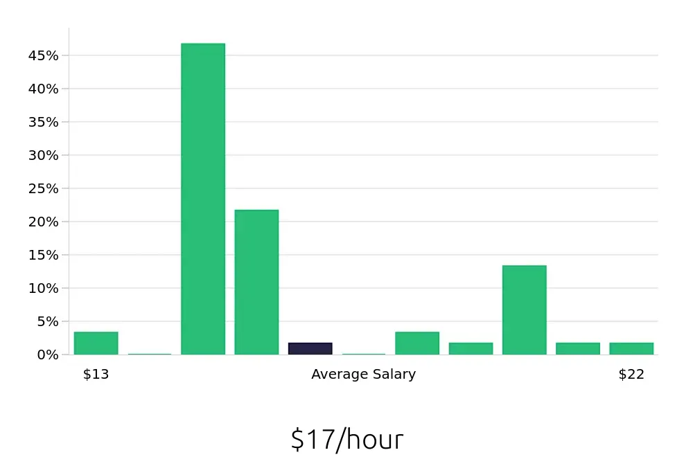 Graph depicting the hourly salary distribution for Team Member jobs in Huntington Station, NY, showing an average salary of $17 with varying distribution percentages across salary ranges.