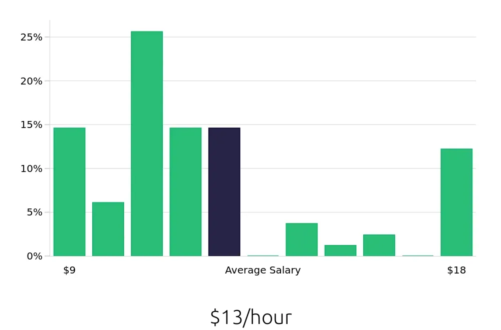 Graph depicting the hourly salary distribution for Team Member jobs in Lenoir, NC, showing an average salary of $13 with varying distribution percentages across salary ranges.